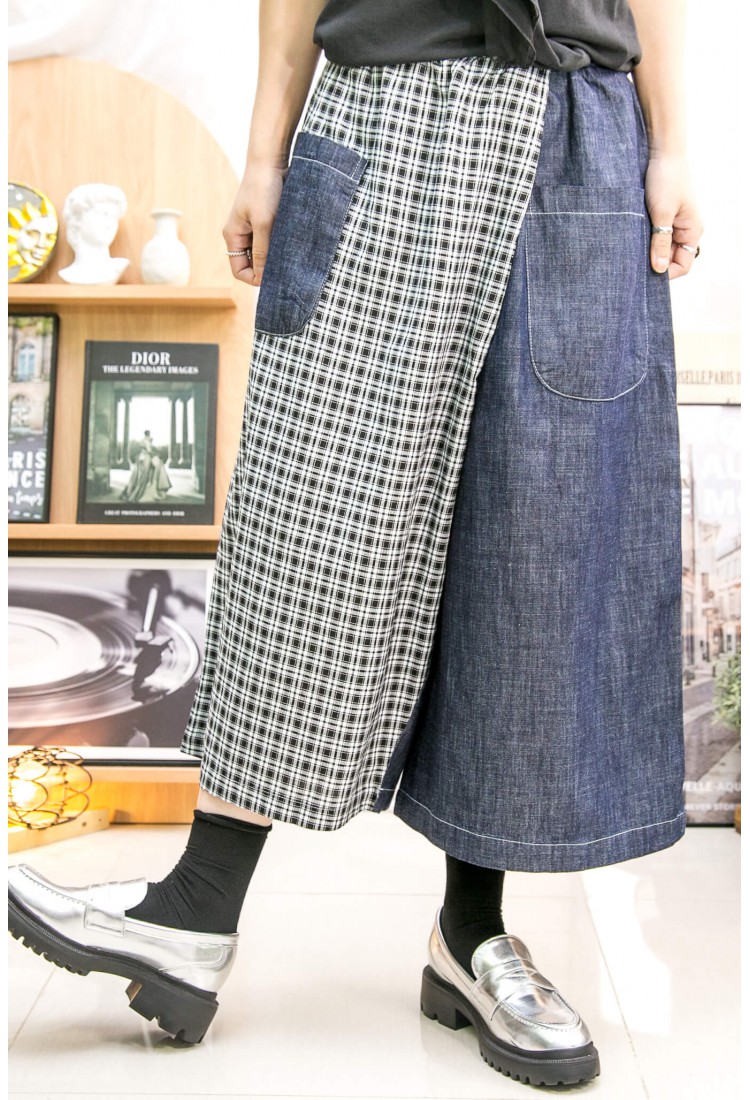 2315-1108- 日系 - 橡根腰 ‧ 格仔麻棉料 拼 牛仔料裙褲 (韓國)  